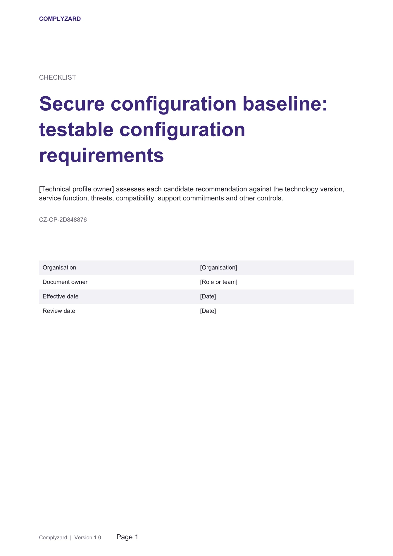 Cover of Secure configuration baseline: testable configuration requirements