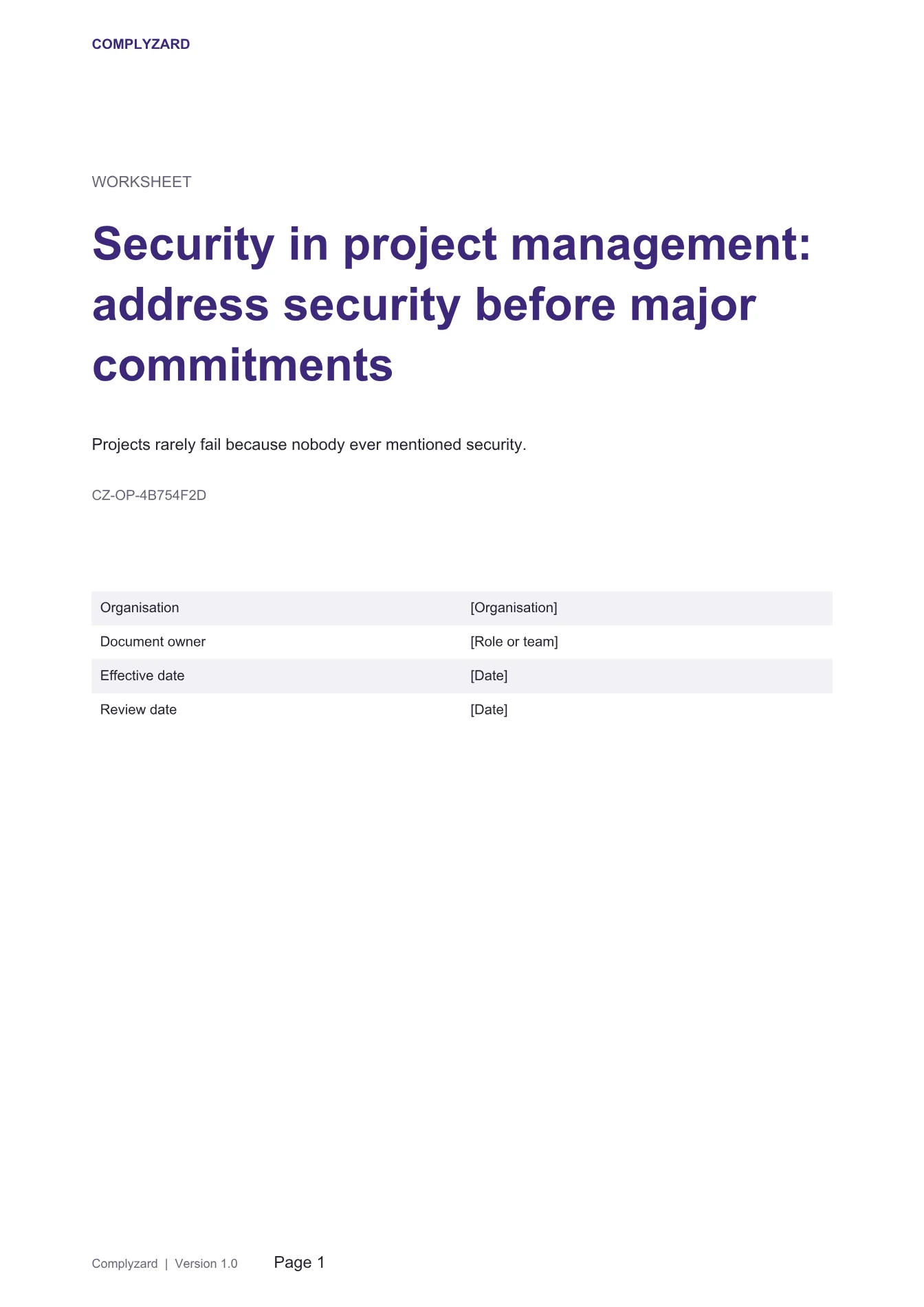 Cover of Security in project management: address security before major commitments