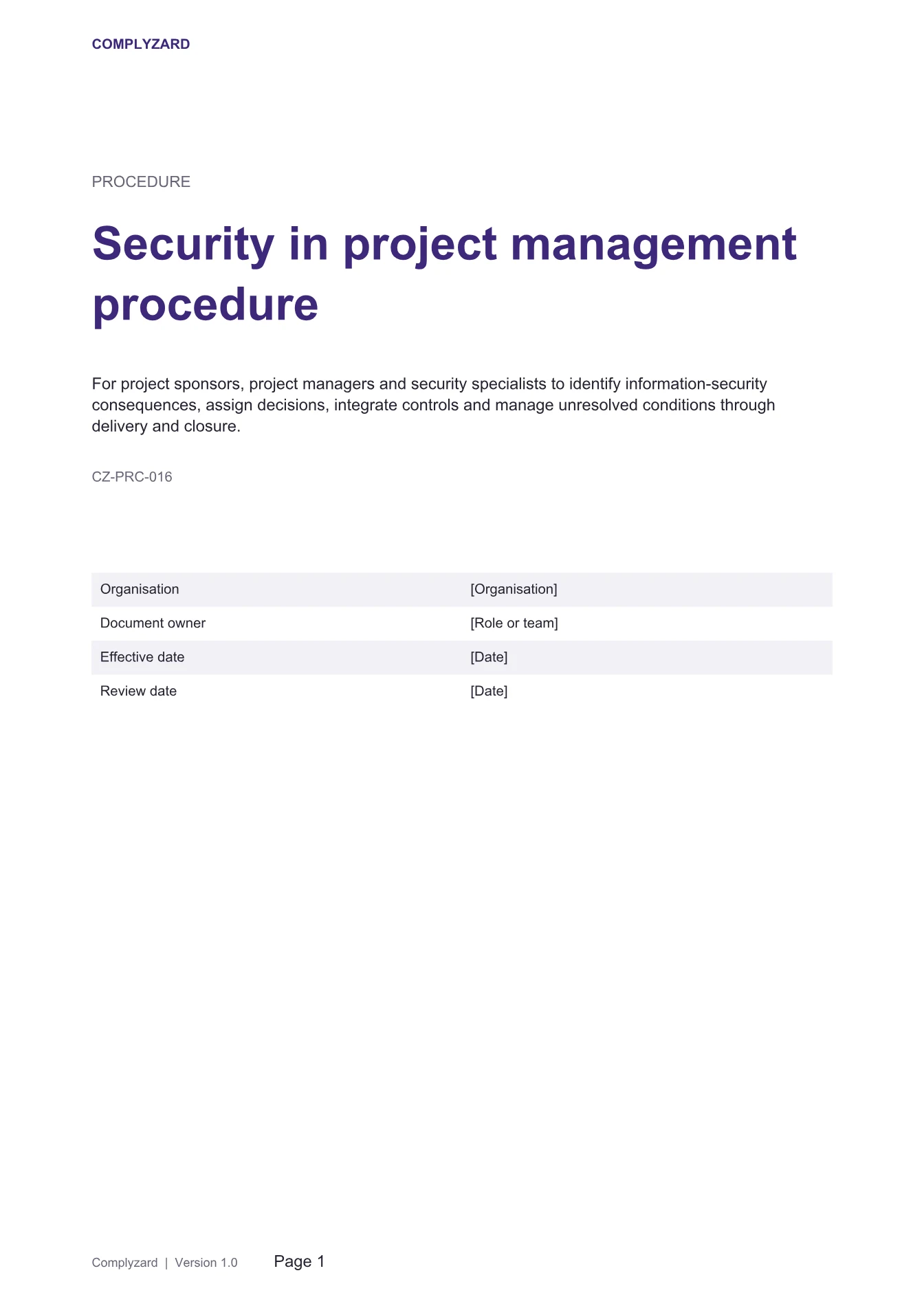 Cover of Security in project management procedure