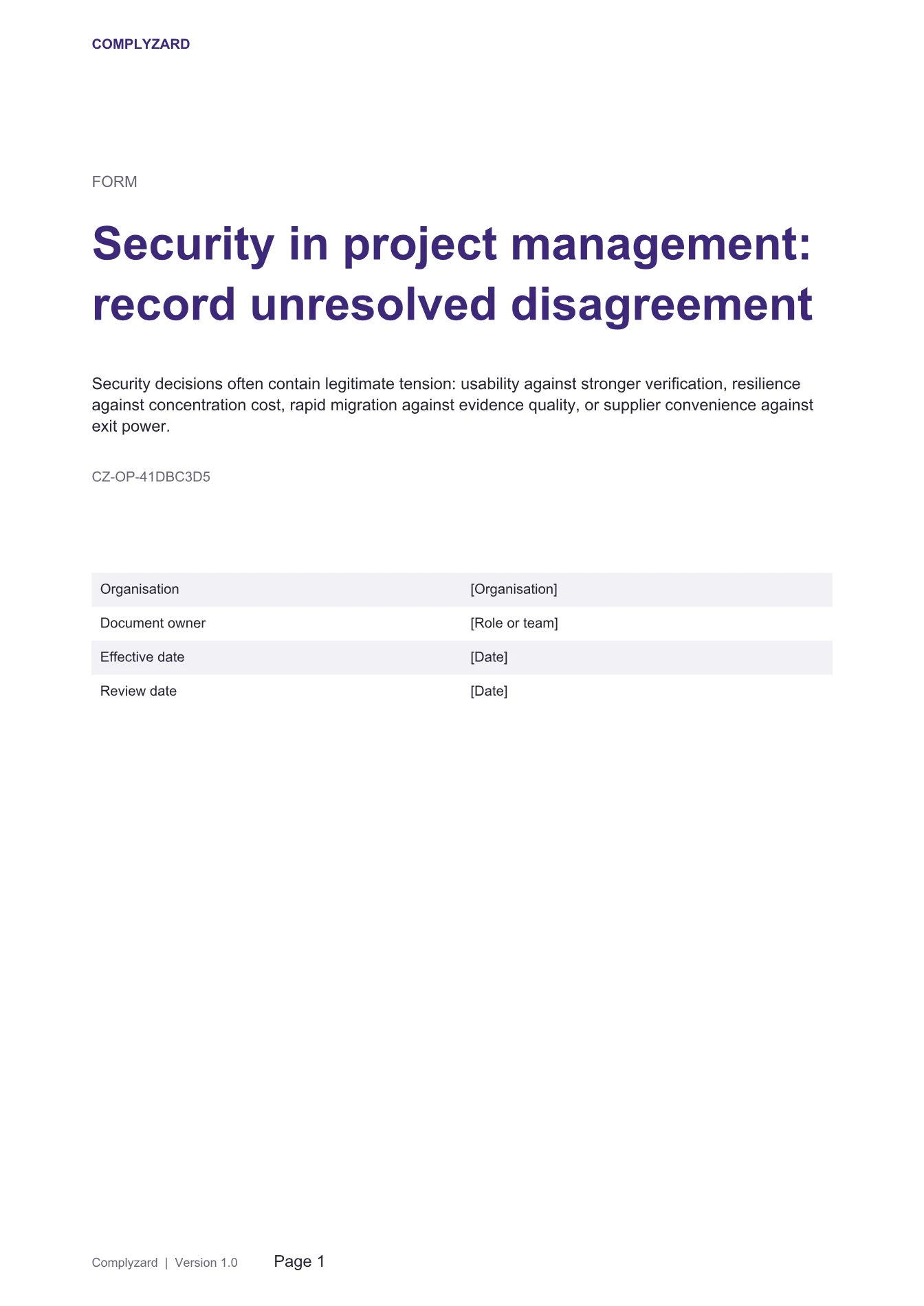 Cover of Security in project management: record unresolved disagreement