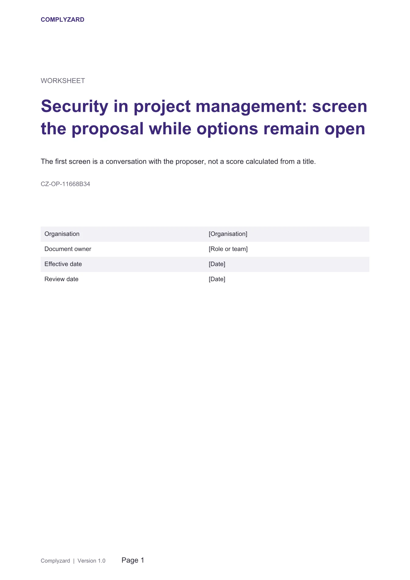 Cover of Security in project management: screen the proposal while options remain open