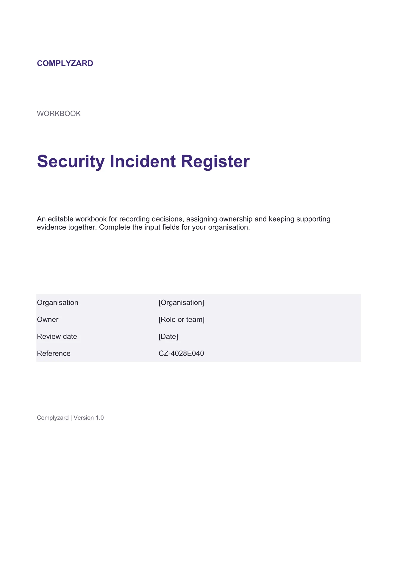 Cover of Security Incident Register