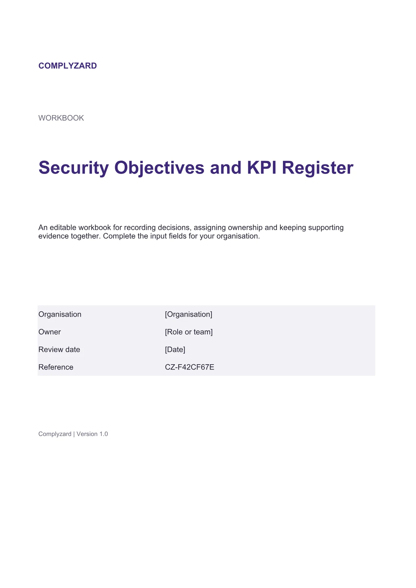 Cover of Security Objectives and KPI Register