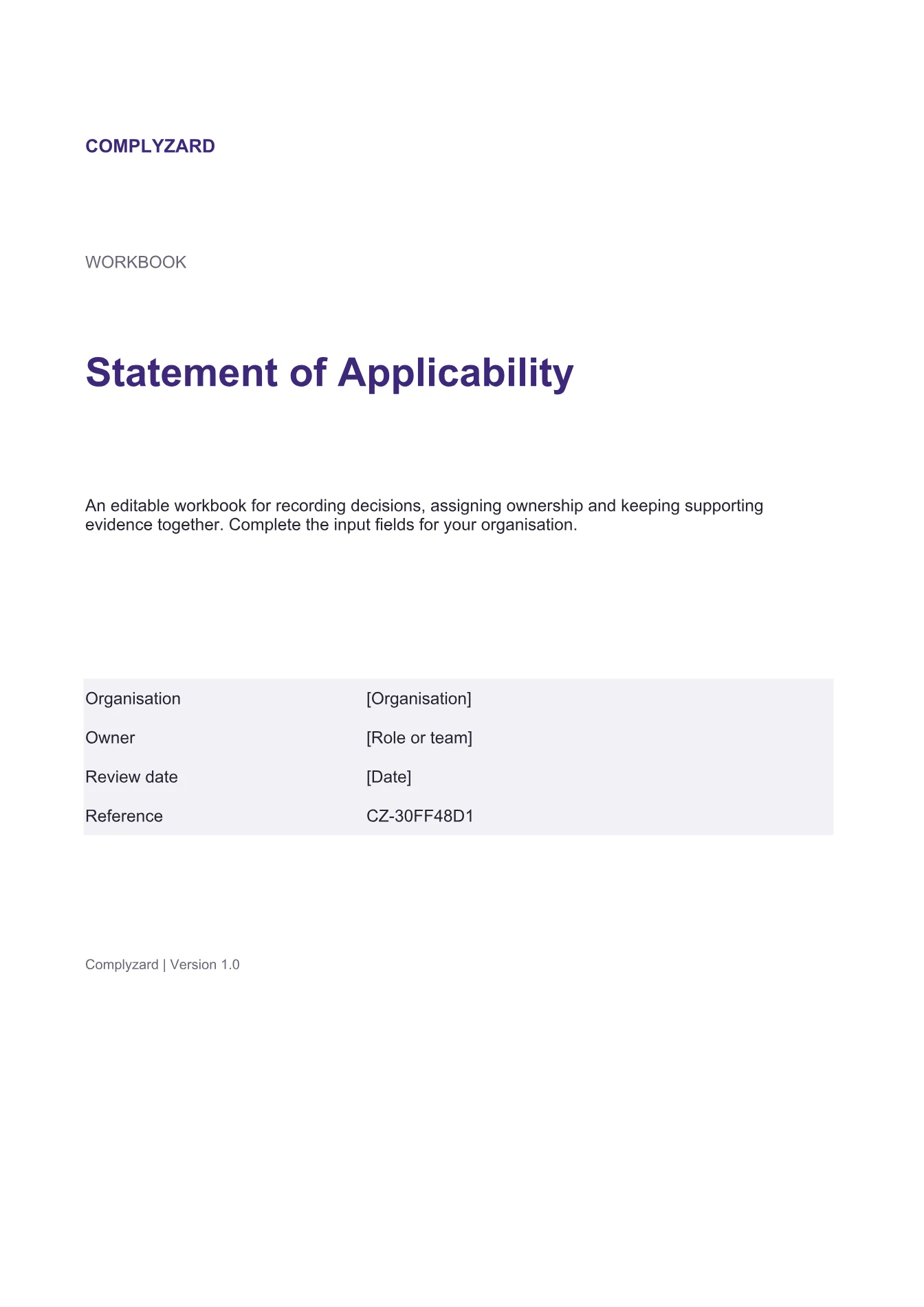 Cover of Statement of Applicability