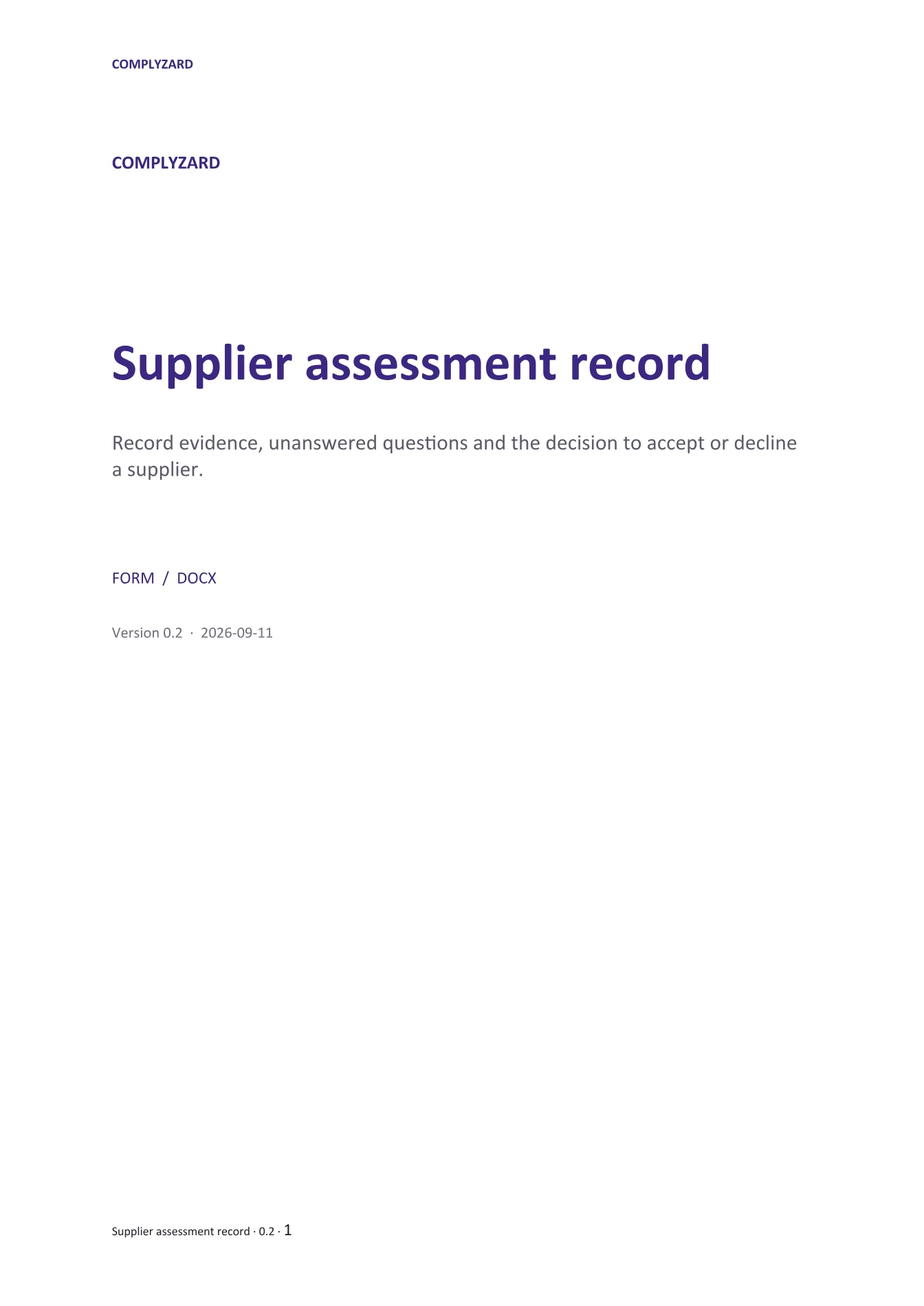 Cover of Supplier assessment record