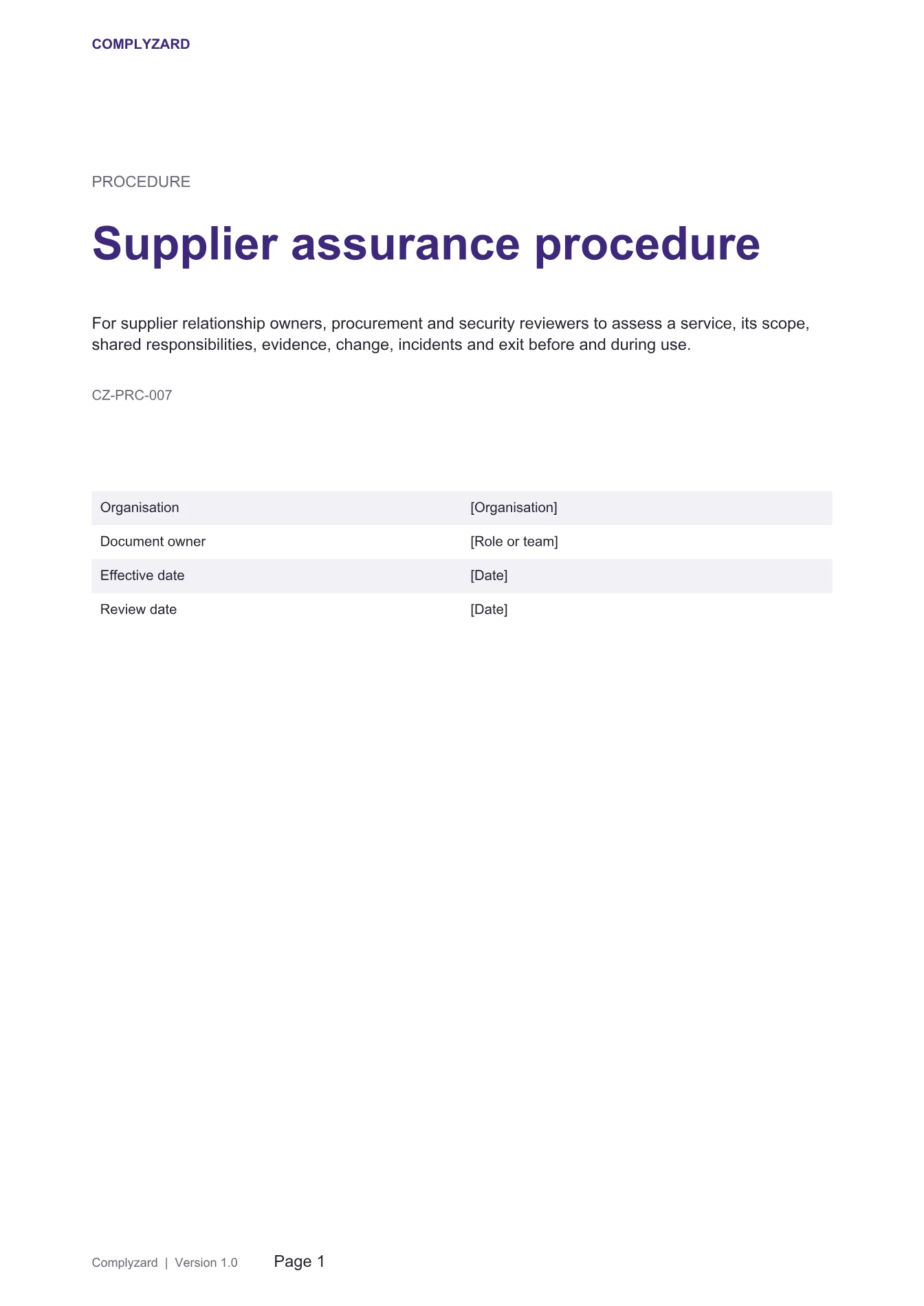 Cover of Supplier assurance procedure