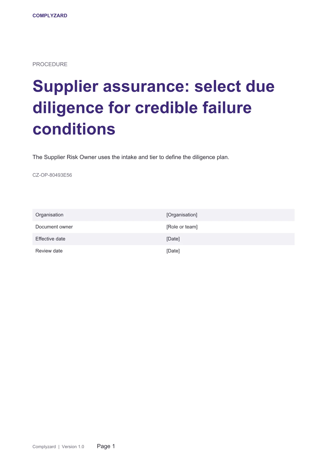 Cover of Supplier assurance: select due diligence for credible failure conditions