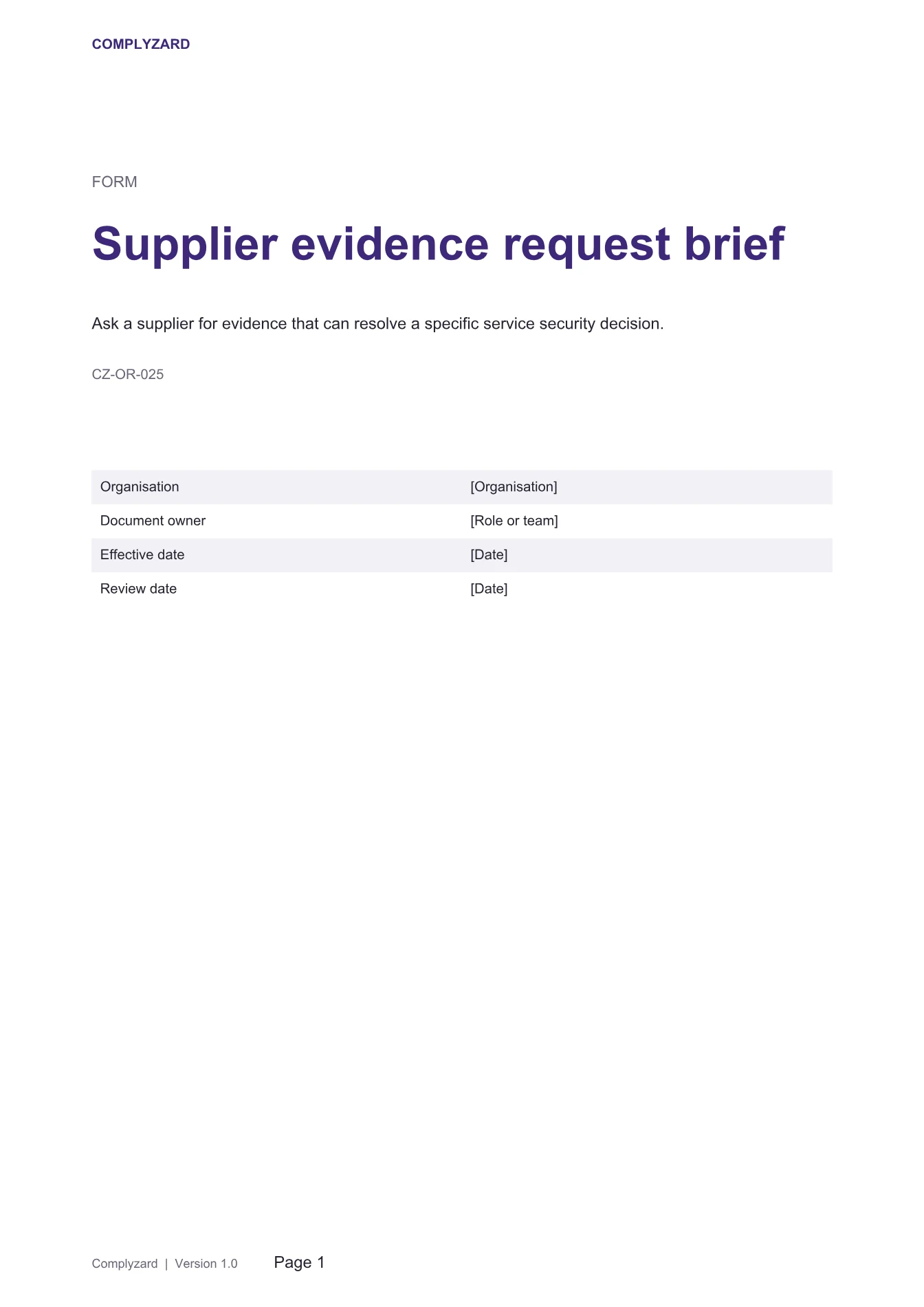 Cover of Supplier evidence request brief