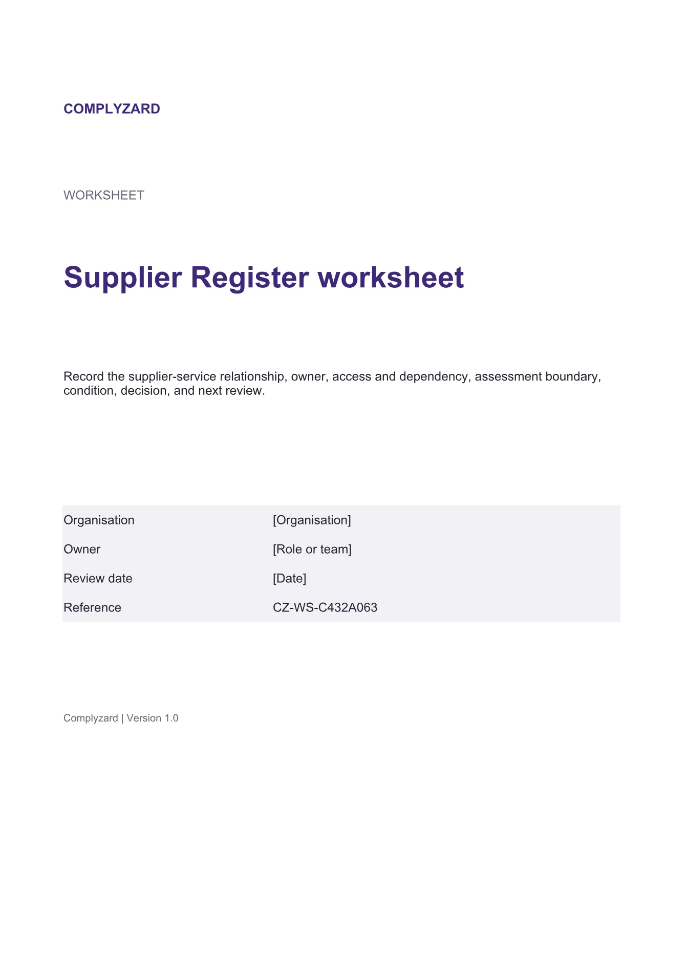Cover of Supplier Register worksheet