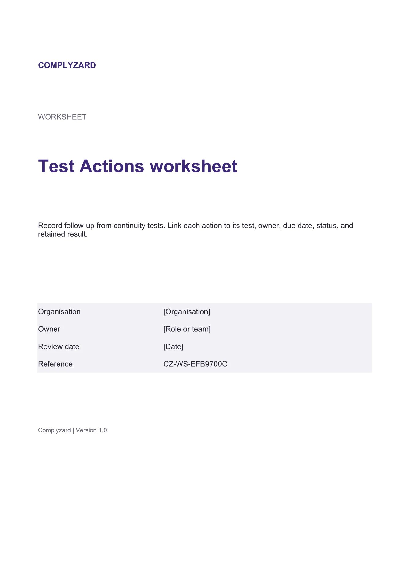 Cover of Test Actions worksheet