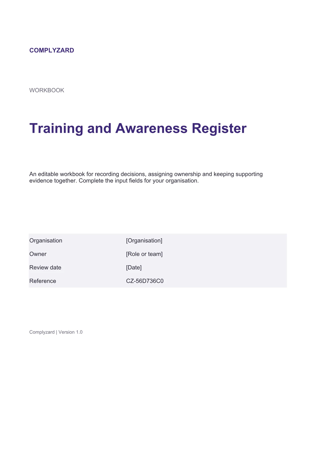Cover of Training and Awareness Register