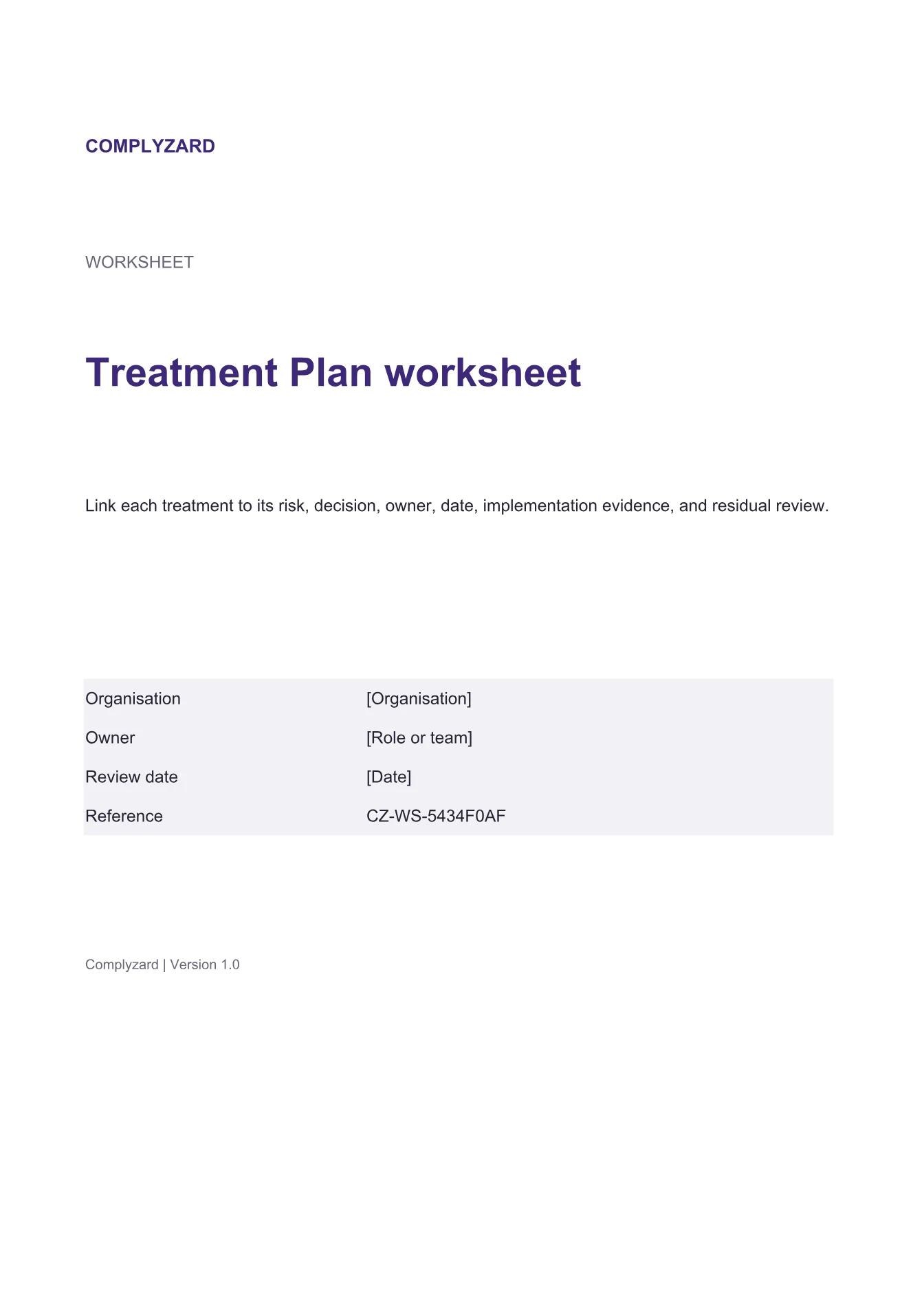 Cover of Treatment Plan worksheet