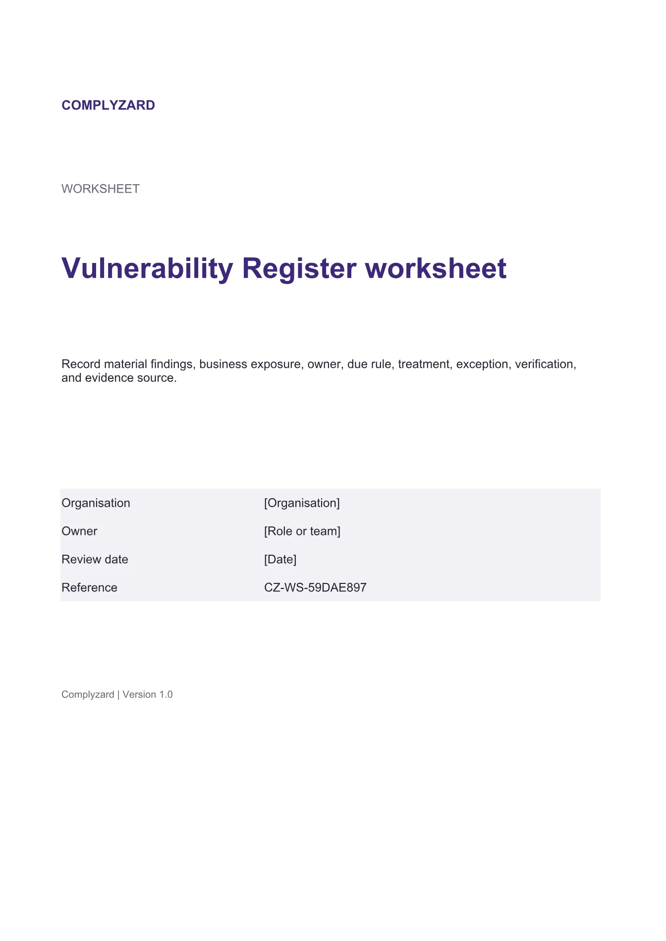 Cover of Vulnerability Register worksheet