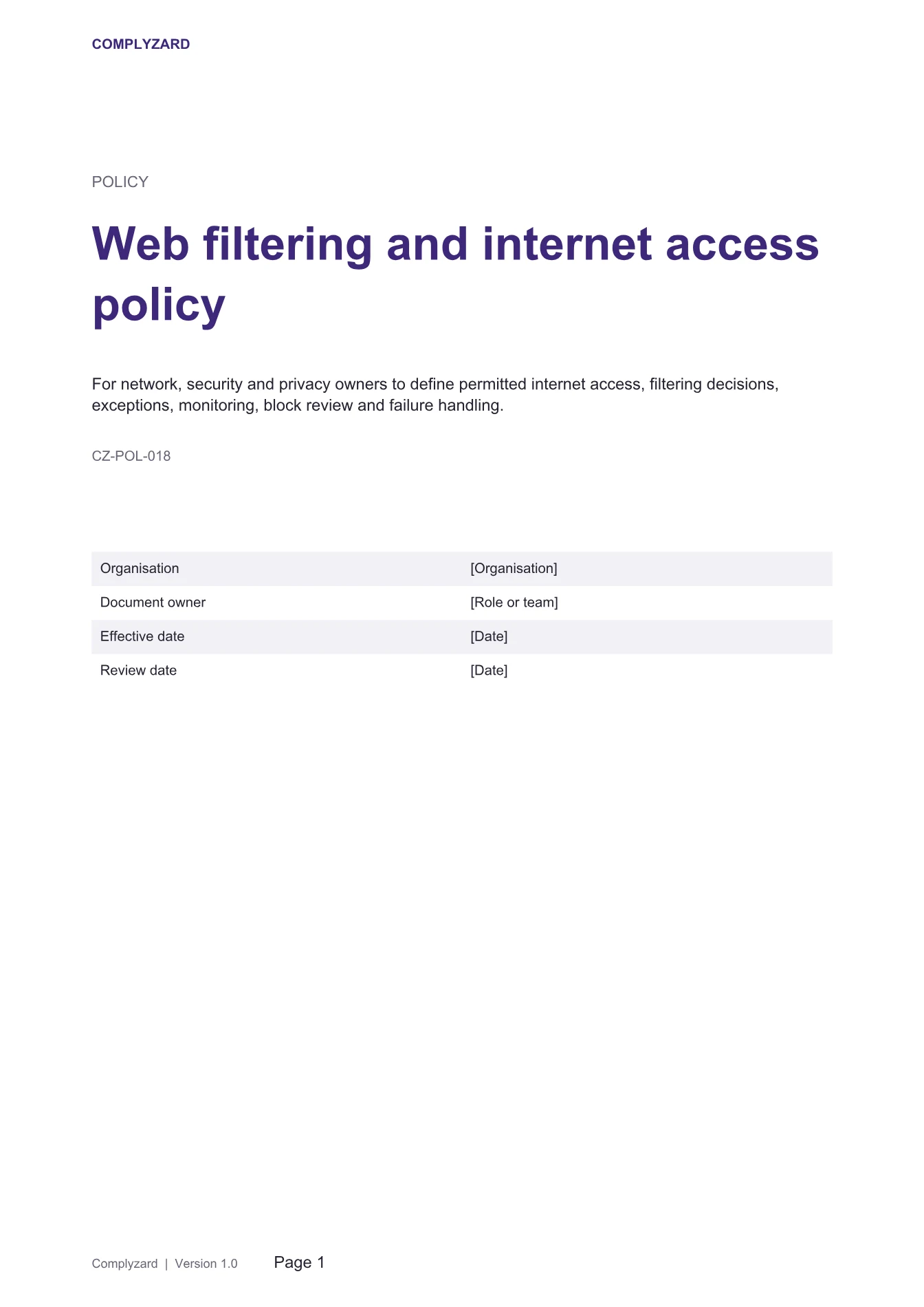 Cover of Web filtering and internet access policy